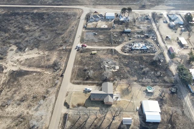 <p>Aerial footage of Stinnett, Texas after wildfires ravaged the town </p>