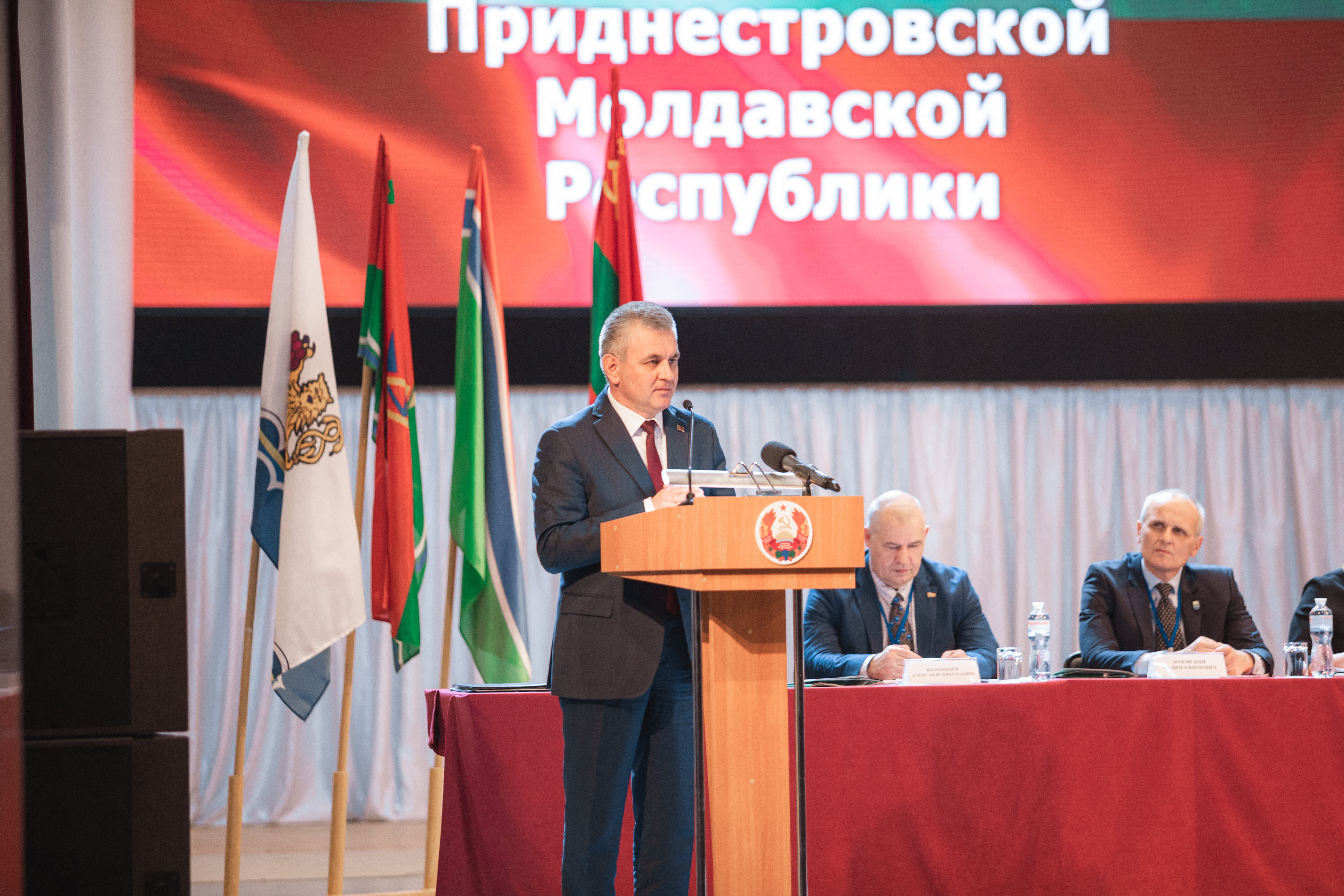 Vadim Krasnoselsky, the head of Transnistria - Moldova’s pro-Russian breakaway region, gives a speech during a congress of Transnistrian deputies in Tiraspol