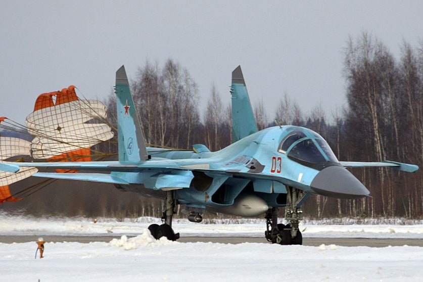 A Russian Su-34 bomber jet lands at the Kubinka airfield near Moscow