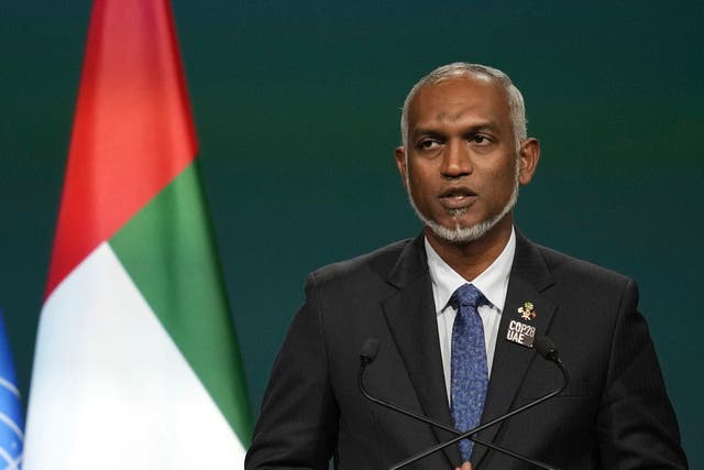 <p>FILE: Maldives president Mohamed Muizzu speaks at COP28 UN Climate Summit, 2023, in Dubai, UAE </p>