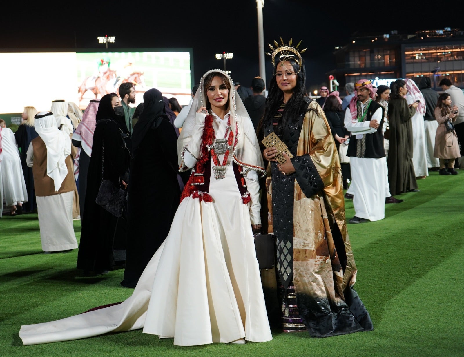 Stylist Hala Alharithy (left) wearing Reham Nassier, inspired by the heritage of Banu al-Harith