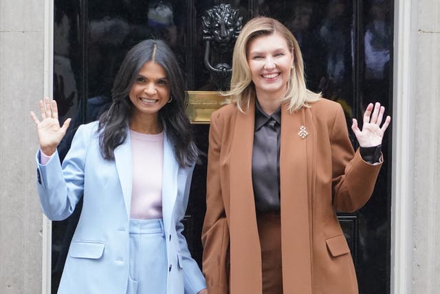 Prime Minister Rishi Sunak’s wife Akshata Murty welcomes Olena Zelenska to Downing Street (Jonathan Brady/PA)