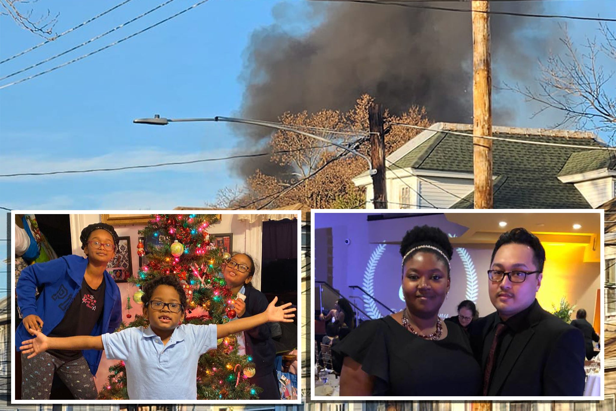 The crime scene on fire (top) and the victims Natalya, Xavier, and Nakayla Le (left); Britni McLaughlin-Le and Xuong Le (right)