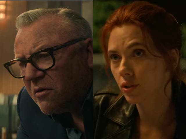 <p>Ray Winstone and Scarlett Johansson in ‘Black Widow’</p>