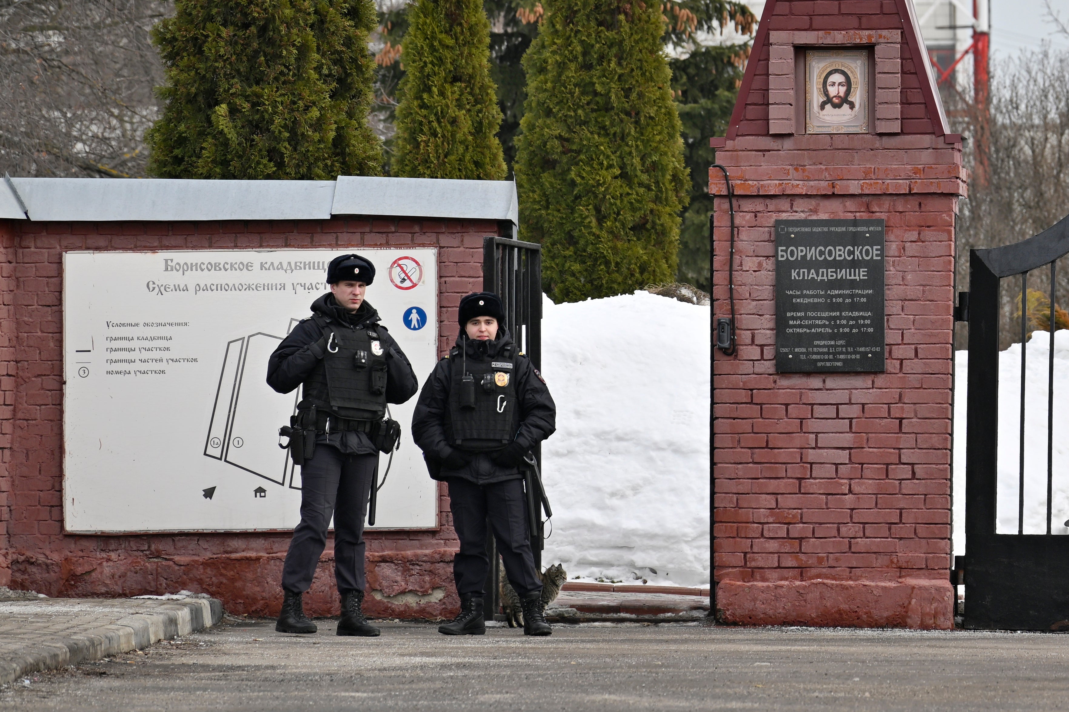 Russian police stand outside the Church of the Icon of the Mother of God ‘Quench My Sorrows’ in Maryino ahead of Navalny’s funeral on Friday