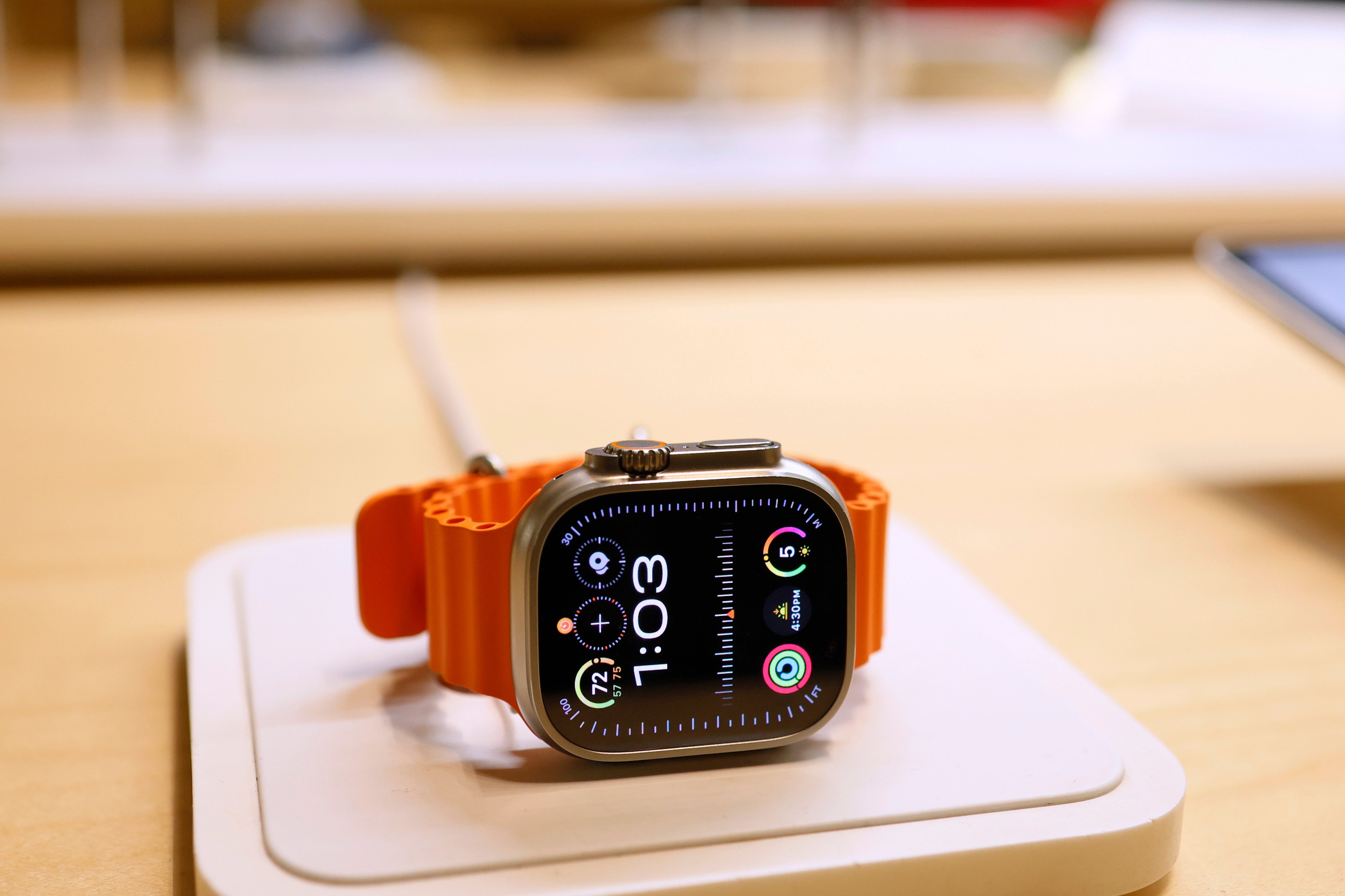 An Apple watch is seen on display at the Apple Store in Grand Central Station on December 18, 2023