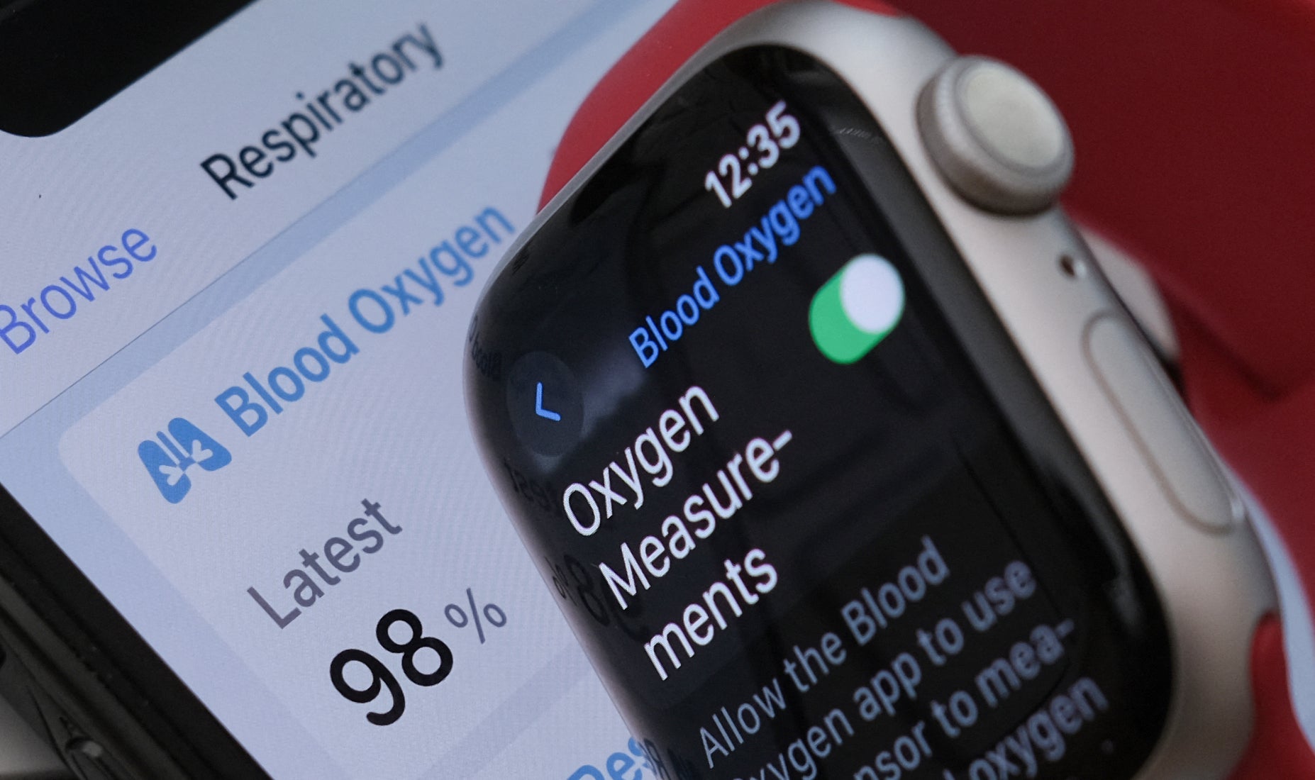 This illustration photo shows an Apple Watch 9 displaying the blood-oxygen level detection settings