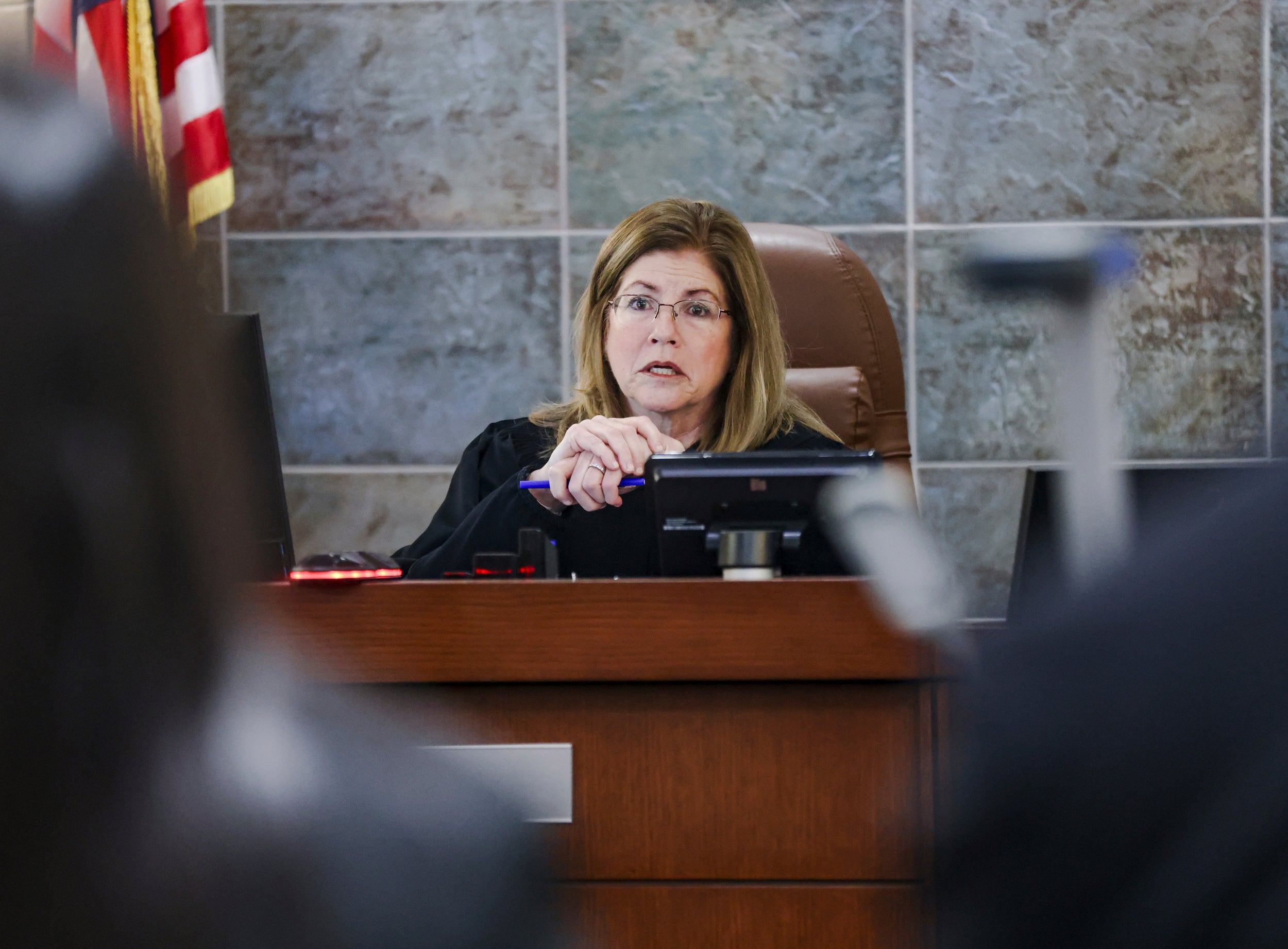 District Judge Susan Johnson addresses the court during an arraignment for Deobra Redden, who was captured on video attacking a Las Vegas judge in January, Thursday, Feb. 29, 2024, at the Regional Justice Center in Las Vegas.