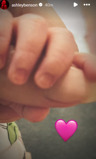 Ashley Benson’s Instagram story featuring a newborn baby’s hand