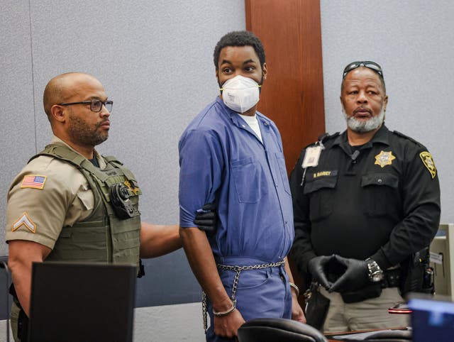 <p>Deobra Redden, who was captured on video attacking a Las Vegas judge in January, appears at his arraignment, Thursday, 29 February 2024, at the Regional Justice Center in Las Vegas</p>