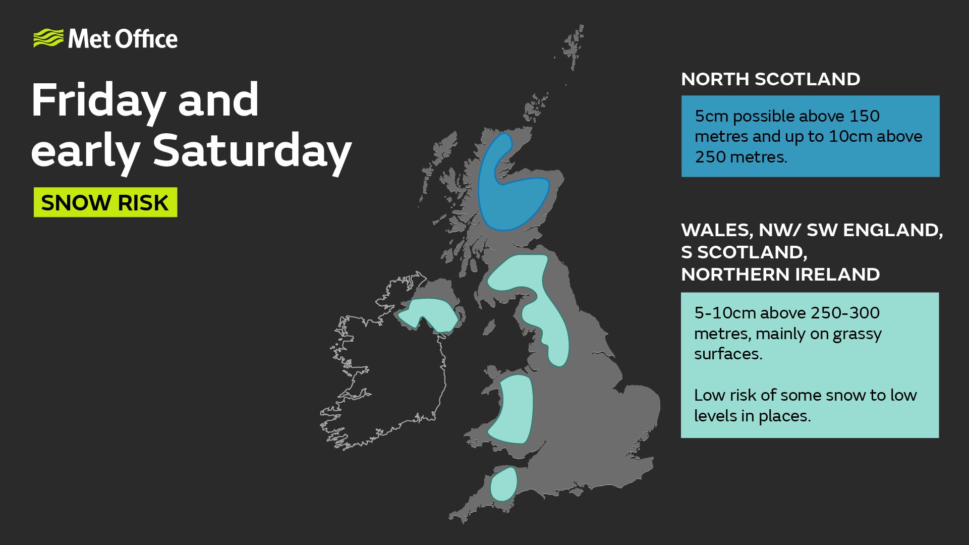 Met Office forecast for Friday shows more snow falling on higher grounds, with up to 10cm expected in hilly regions
