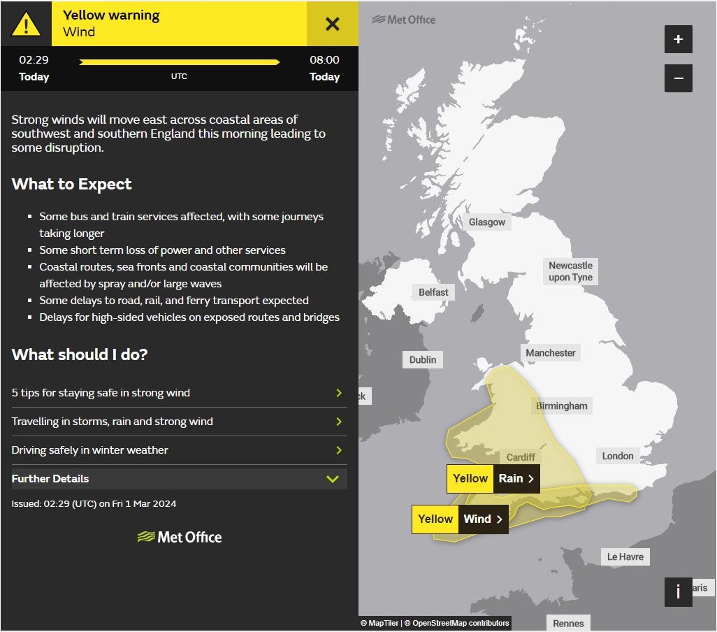 Met Office issues 15-hour yellow weather warning for heavy rains and a 6-hour warning wind