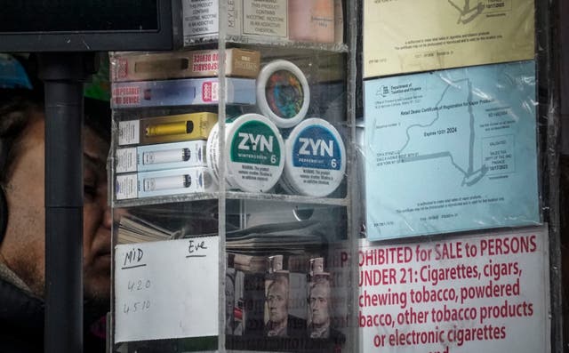 <p>Containers of Zyn, a Phillip Morris smokeless nicotine pouch, is stacked for sale at a newsstand in New York </p>