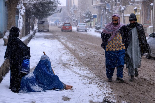 <p>An Afghan burqa-clad woman (2L) with a girl (L) looks for alms along a street amid snowfall in Herat </p>