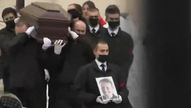 <p>Watch: Alexei Navalny’s coffin leaves heavily policed Moscow church.</p>