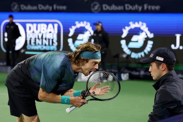 <p>Rublev shouts at the line judge amid a chaotic end to the Dubai semi-final </p>