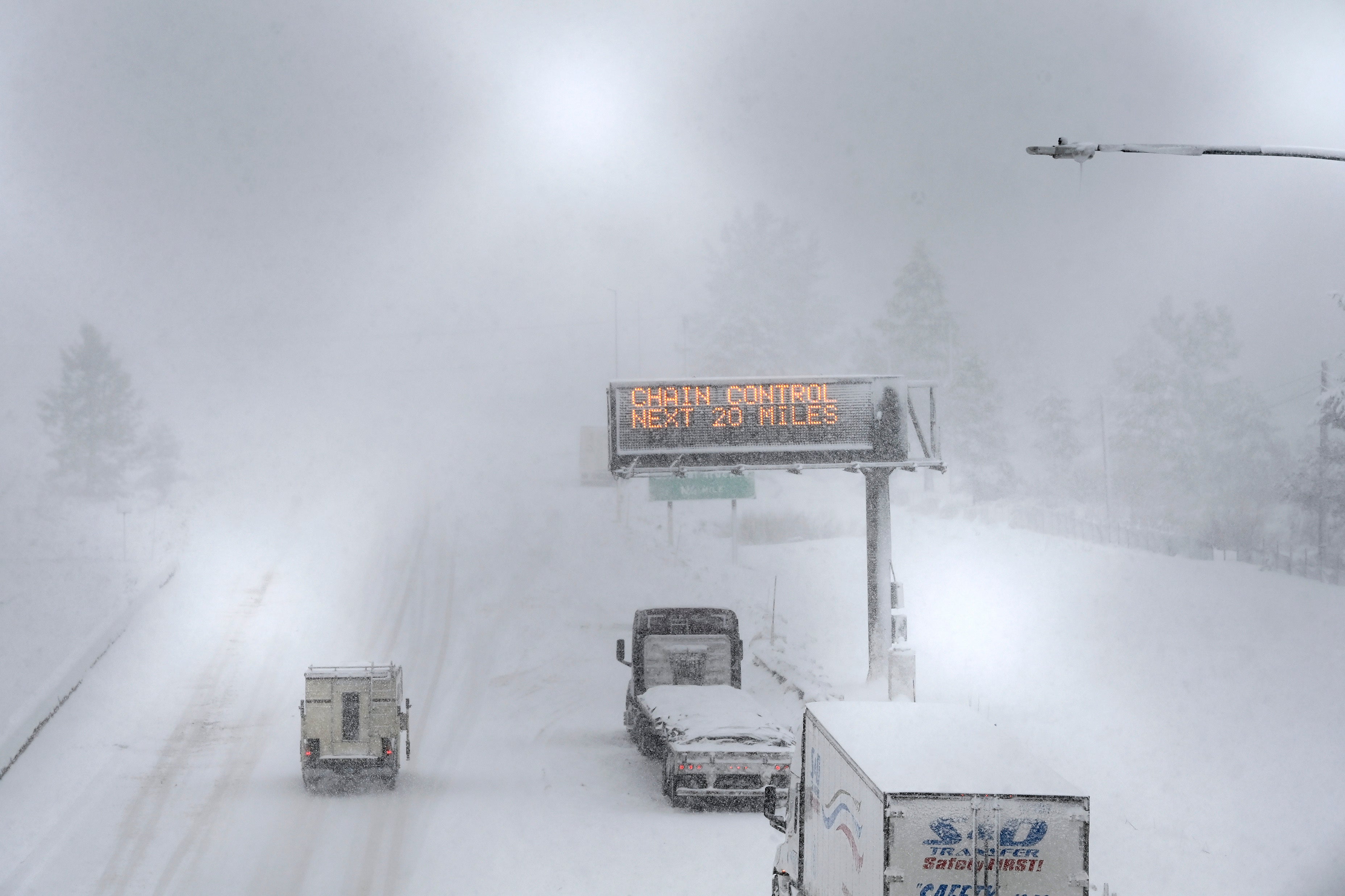 A lone camper truck moves north bound on the I-80 at the Donner Pass Exit on Friday, March 1, 2024