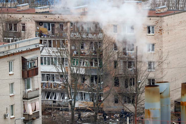 <p>A view of a damaged apartment building after a reported drone attack in St Petersburg, Russia</p>