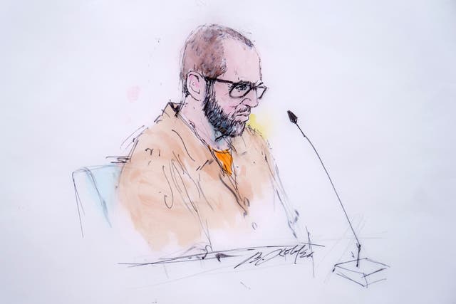 <p>In this courtroom sketch Defendant Alexander Smirnov speaks in Federal court in Los Angeles, 26 February 2024</p>