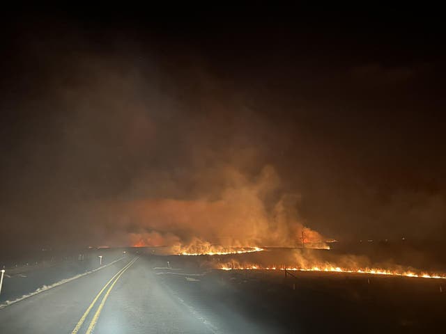<p>The Smokehouse Creek fire crosses a road on February 27, 2024 in the Texas Panhandle. Red flag warnings were in place on Monday in the south, raising concerns hot, dry conditions make kick up the blaze which has been brought under control </p>