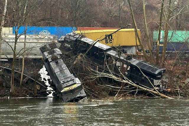 <p>The latest Norfolk Southern train derailment along a riverbank in Saucon Township, Pa., on Saturday, March 2, 2024</p>