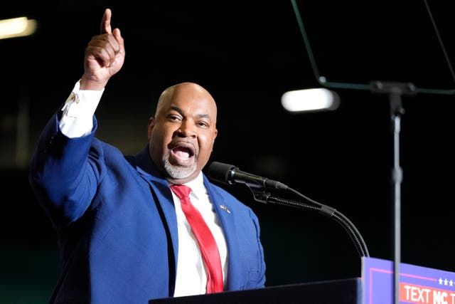 <p>North Carolina Lt Governor Mark Robinson speaks before Republican presidential candidate former President Donald Trump at a campaign rally Saturday</p>