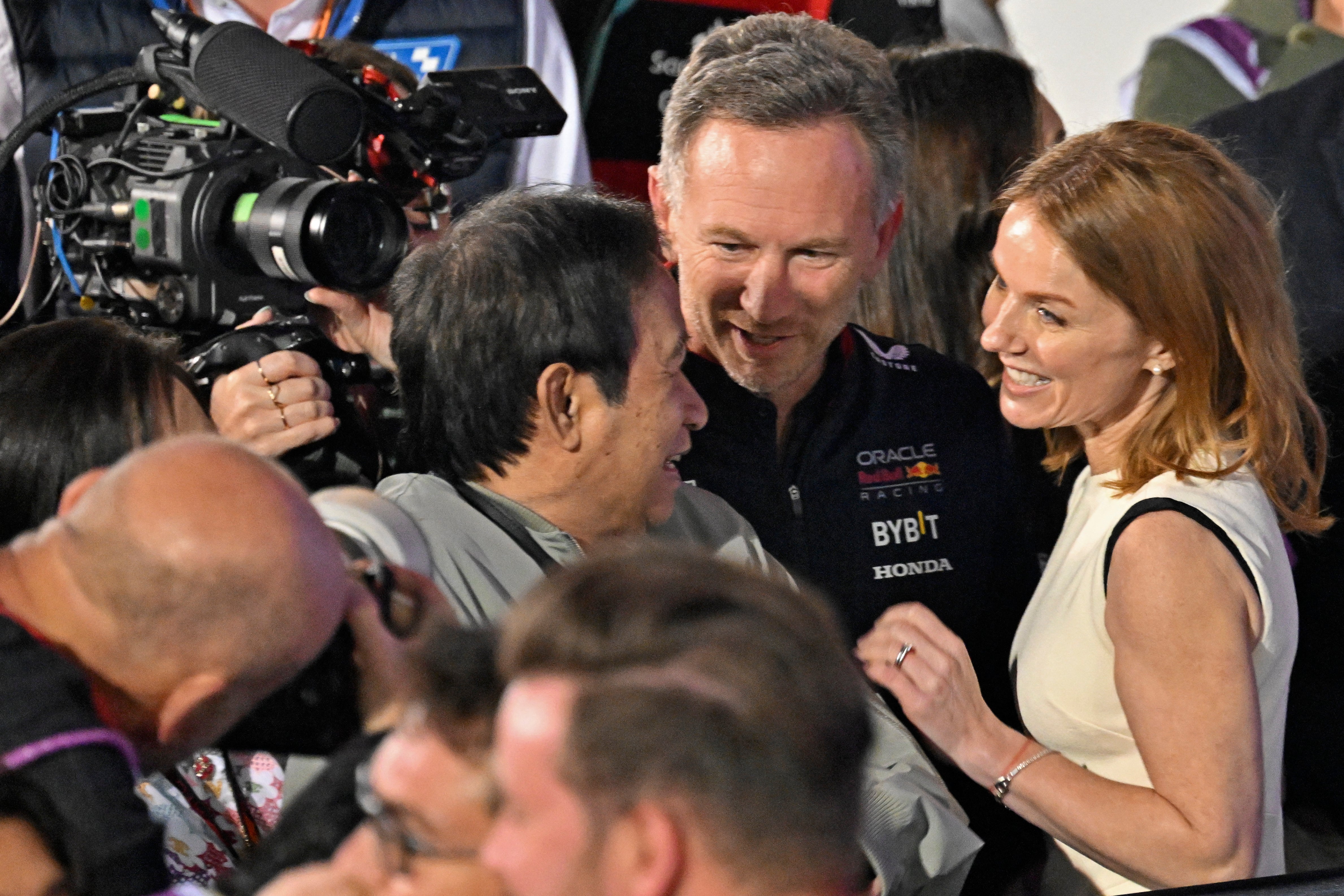 Horner and wife Geri celebrate with Red Bull’s majority shareholder Chalerm Yoovidhya after Max Verstappen’s Bahrain GP victory