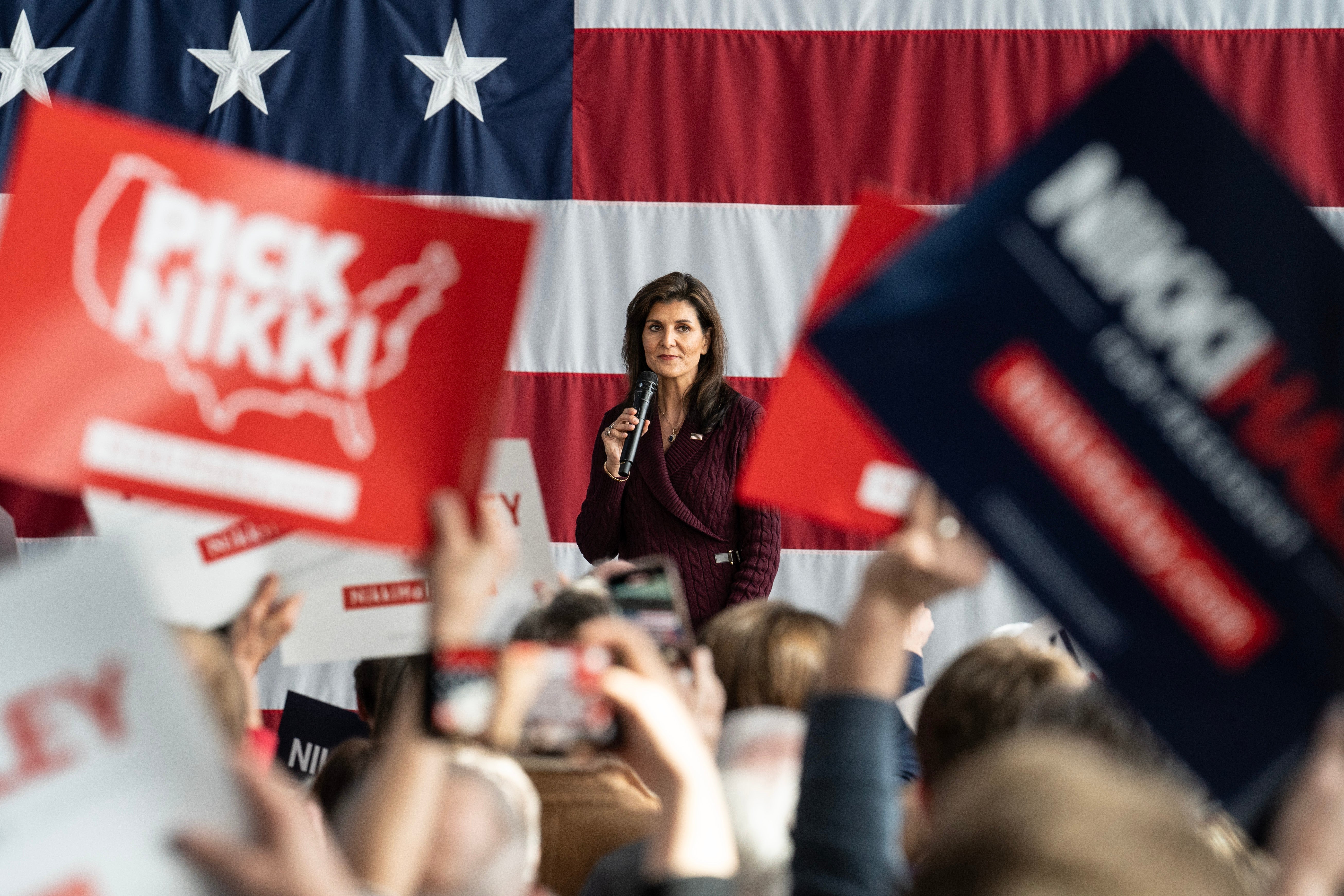 Republican presidential candidate former U.N. Ambassador Nikki Haley speaks during a campaign rally at Raleigh Union Station on March 2, 2024 in Raleigh, North Carolina