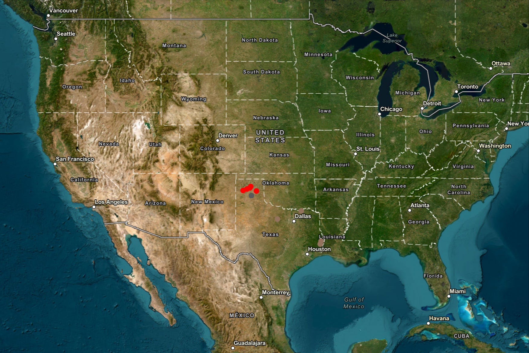 Red dots indicate active fires in the Texas Panhandle