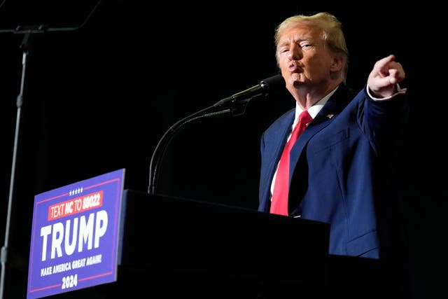 <p>Republican presidential candidate former President Donald Trump speaks at a campaign rally Saturday, March 2, 2024, in Greensboro, N.C. </p>