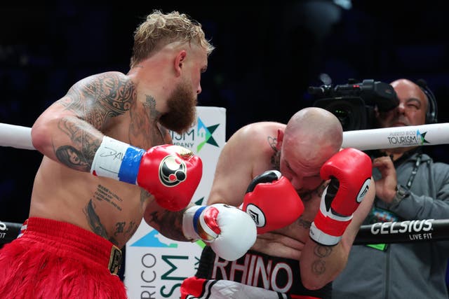 <p>Jake Paul (left) finishes Ryan Bourland against the ropes</p>