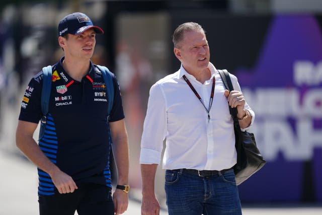 <p>Max Verstappen with his father Jos who has questioned Christian Horner’s position at Red Bull</p>