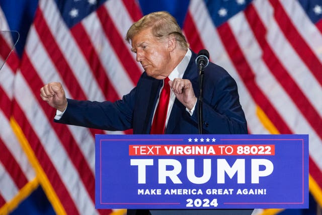 <p>Former US President Donald Trump speaks to supporters during a Super Tuesday campaign rally in Richmond, Virginia, USA, 02 March 2024</p>