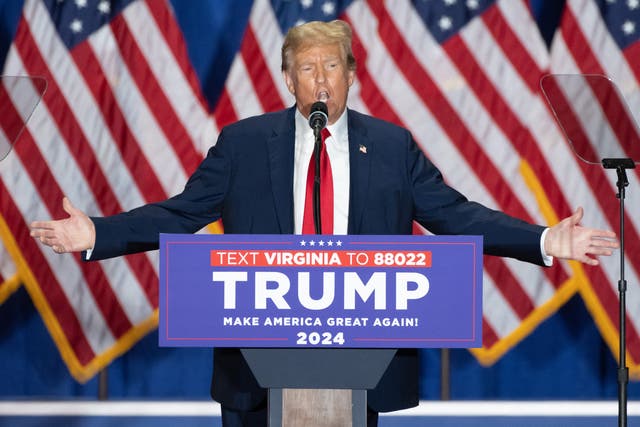 <p>Former US president and 2024 presidential hopeful Donald Trump speaks during a ‘Get Out the Vote’ rally at the Greater Richmond Convention Center in Richmond, Virginia, on 2 March 2024</p>