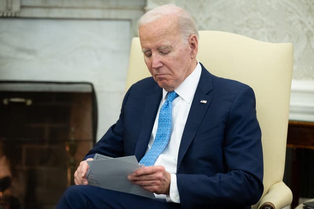 <p>US President Joe Biden looks on during a meeting with Italian Prime Minister Giorgia Meloni in the Oval Office of the White House in Washington, DC, on March 1, 2024</p>