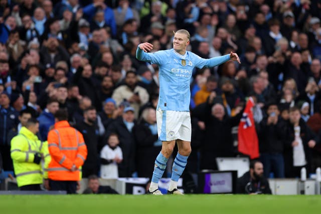 <p>Erling Haaland scored Manchester City’s third goal in the 3-1 derby victory over Manchester United </p>