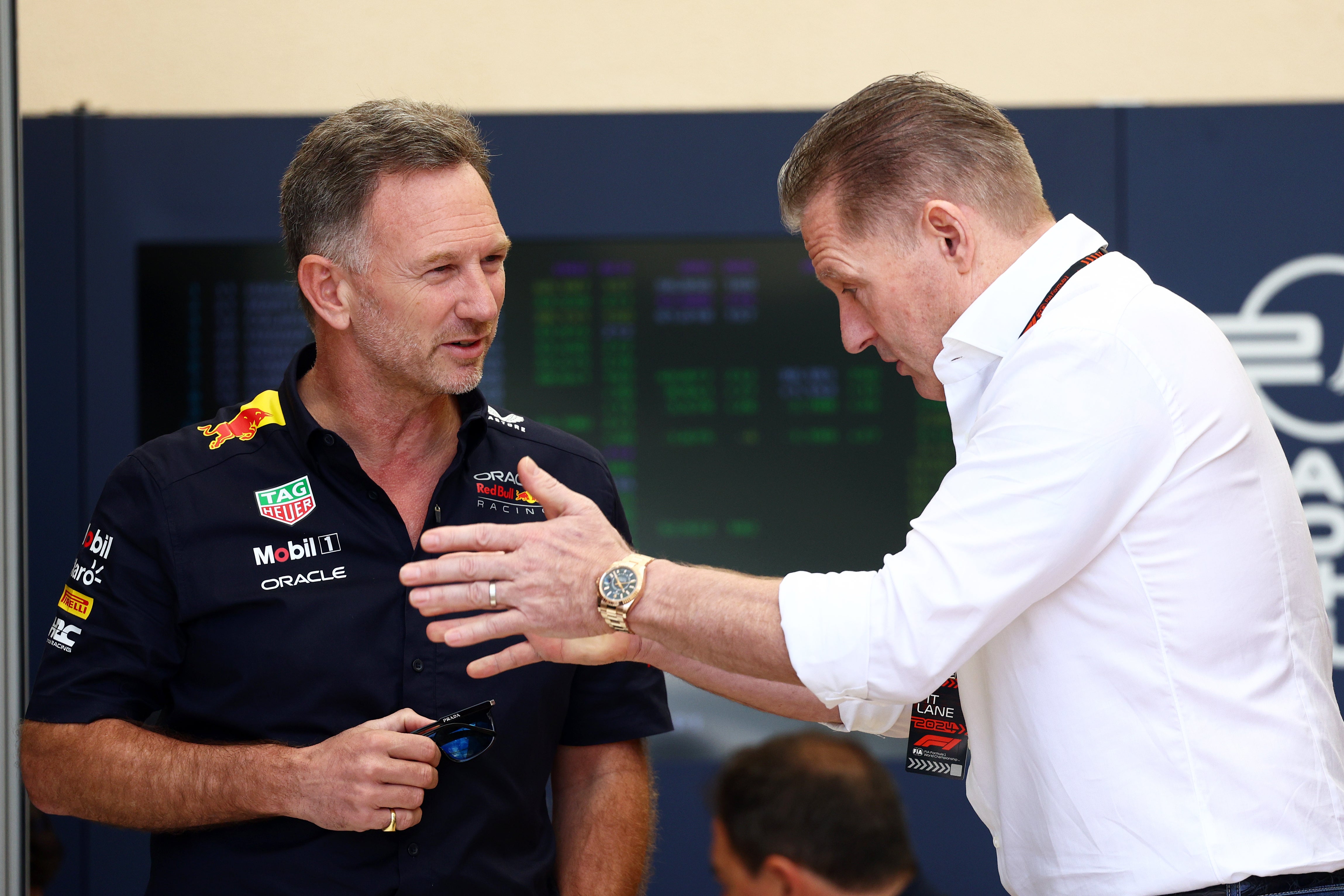 Jos Verstappen (right) has denied being the source of the leaked messages involving Christian Horner