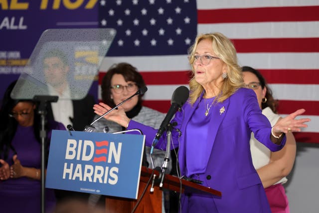 <p>First lady Jill Biden speaks to supporters during a "Women for Biden-Harris" event at SEIU headquarters, Local 1107, Saturday, March 2, 2024, in Las Vegas</p>