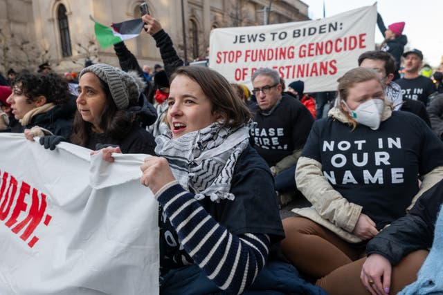 <p>Members of the activist group Jewish Voice for Peace join others in protesting President Joe Biden’s visit to Manhattan due to his continued support for Israel in its war against Hamas in Gaza on 7 February 2024 in New York City</p>