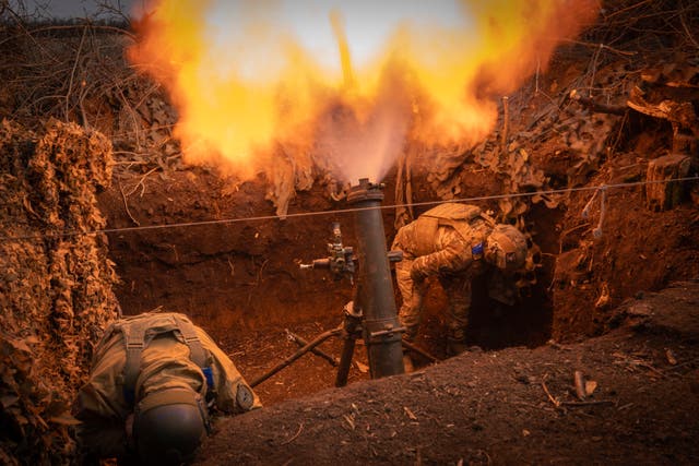 <p>Representative: Ukrainian servicemen of the 28th Separate Mechanised Brigade fire a 122mm mortar towards Russian positions at the front line, near Bakhmut, Donetsk region, Ukraine on 3 March 2024</p>