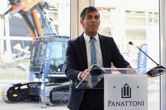 Prime Minister Rishi Sunak delivers a speech to business and construction representatives during a visit to an industrial park being built on the site of the former Honda Swindon car plant (Toby Melville/PA)