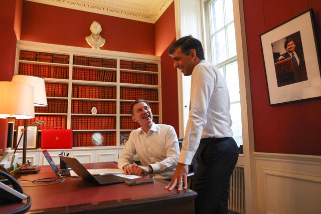 <p>Prime minister Rishi Sunak speaks with Jeremy Hunt in the chancellor’s office in 11 Downing Street as they prepare for the annual Budget statement on Wednesday </p>