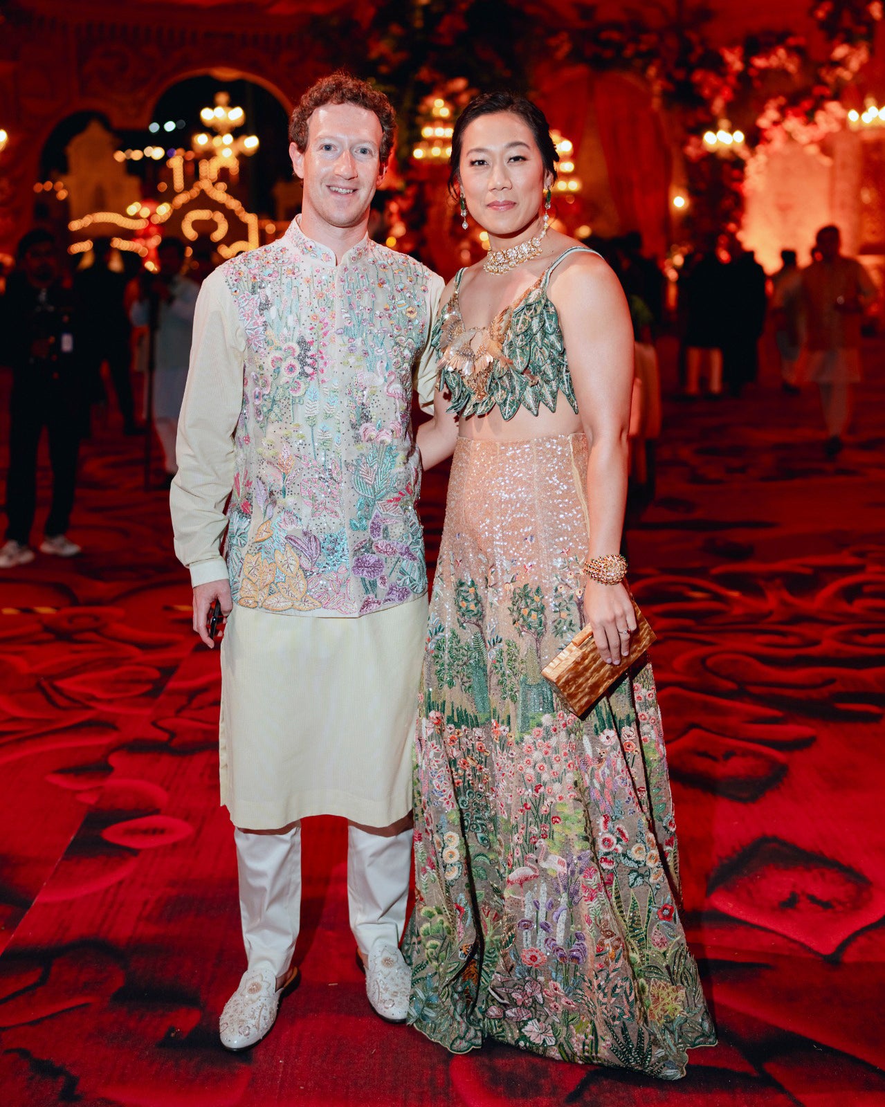 This photograph released by the Reliance group shows Mark Zuckerberg and his wife Priscilla Chan posing for a photograph at a pre-wedding bash of Mukesh Ambani’s son Anant Ambani in Jamnagar, India, Saturday, 02 March2024