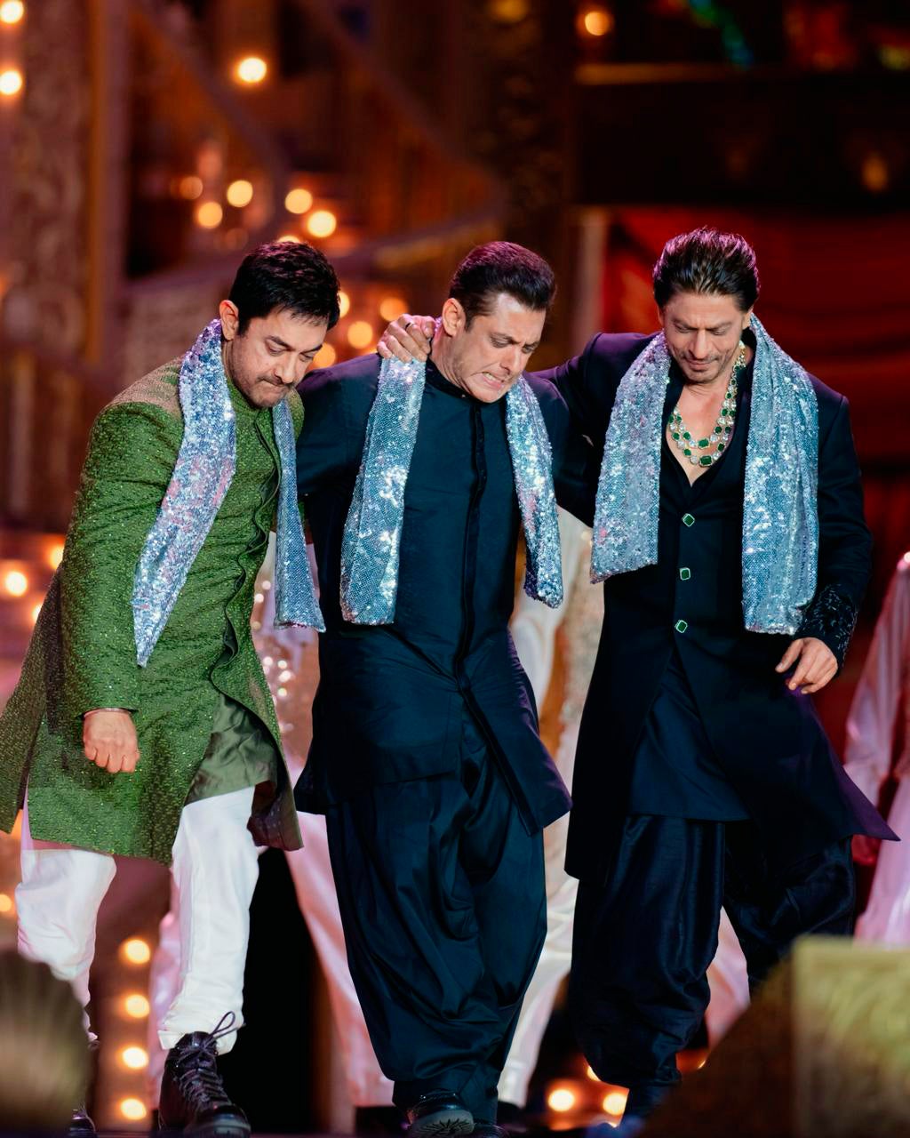 This photograph released by the Reliance group shows L to R, Bollywood stars Amir Khan, Salman Khan and Shah Rukh Khan performing at a pre-wedding bash of billionaire industrialist Mukesh Ambani’s son Anant Ambani in Jamnagar, India, Saturday, 02 March 2024