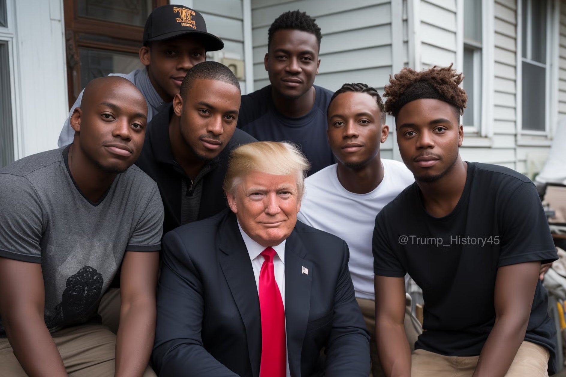 A reportedly fake image showing Donald Trump on the campaign trail with young Black voters (@Trump_History45/Twitter)