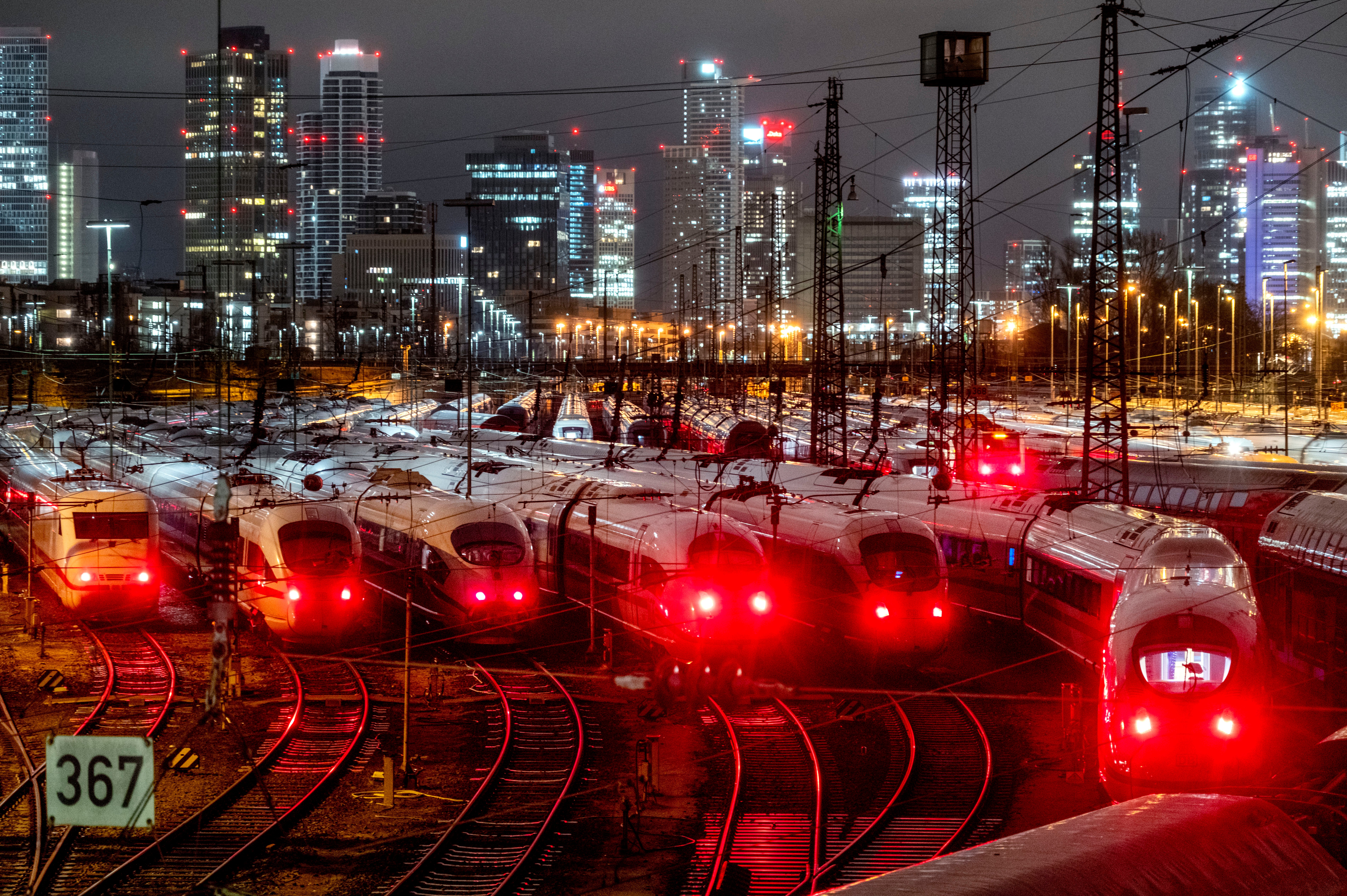 ICE trains are parked outside the central station in Frankfurt, Germany, Wednesday, January 24, 2024