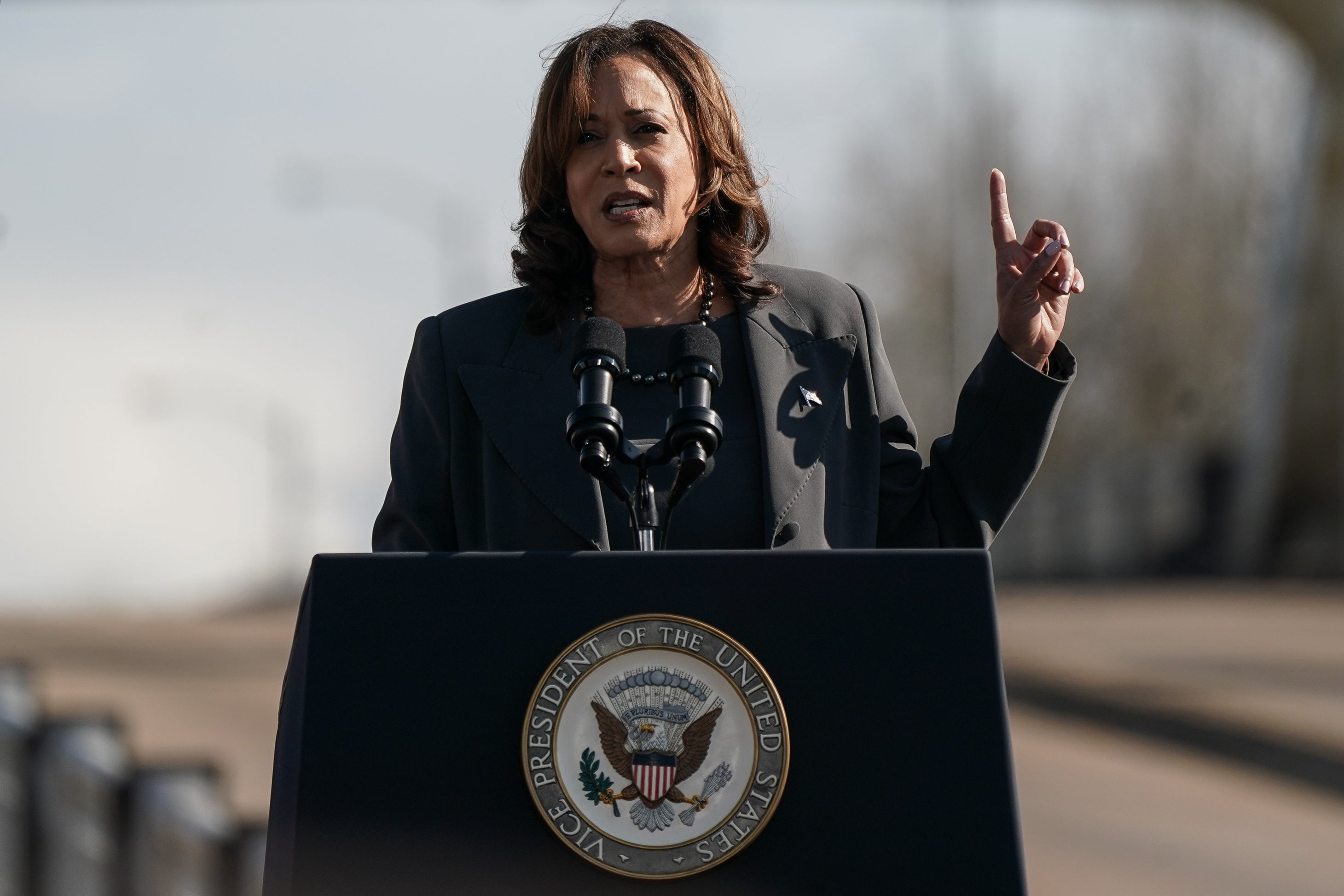 Kamala Harris in March, calling for a ceasefire in a speech in Selma, Alabama