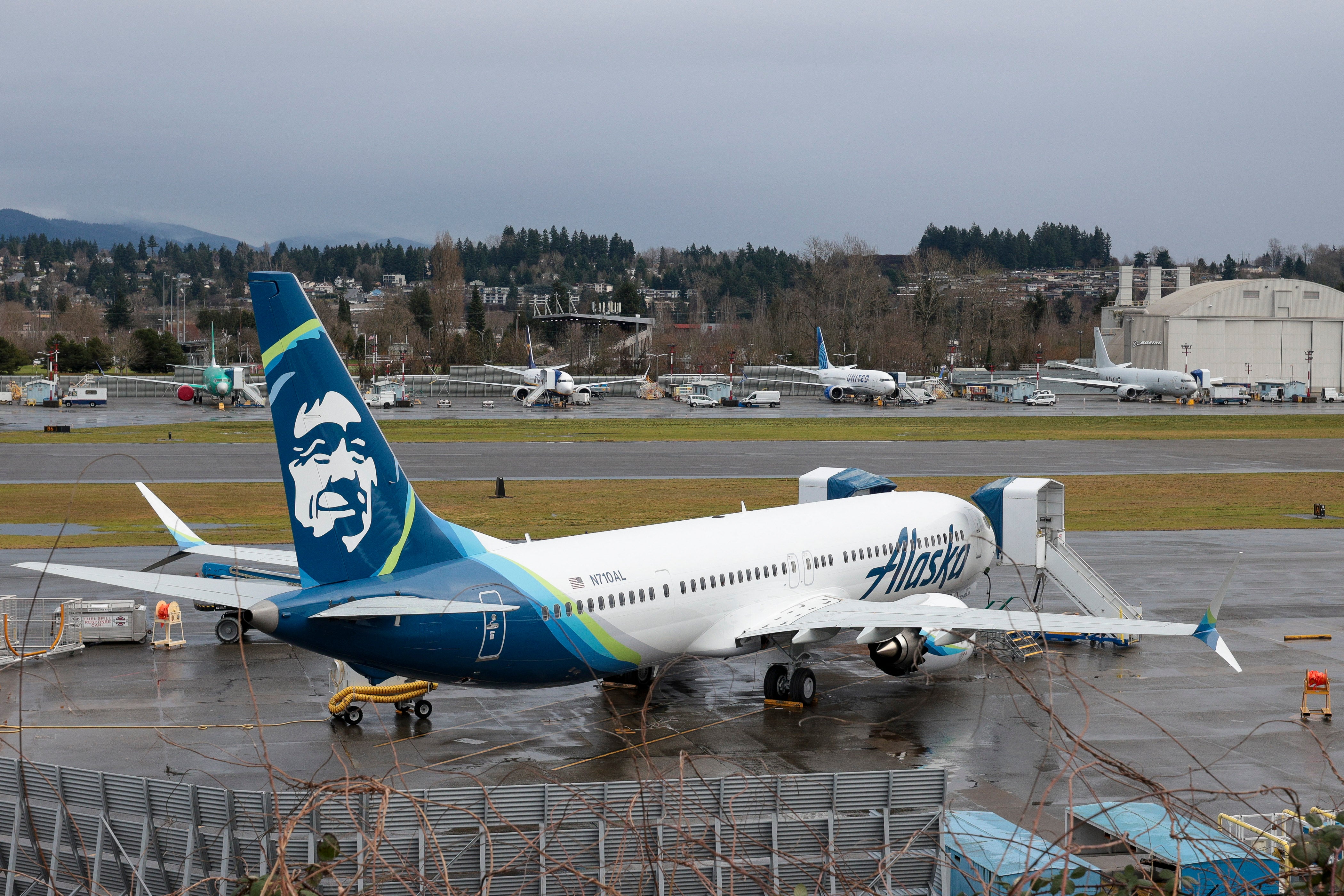 A Boeing 737 MAX 9 for Alaska Airlines is pictured along with other 737 aircraft at Renton Municipal Airport adjacent to Boeing's factory in Renton, Washington, on 25 January 25, 2024