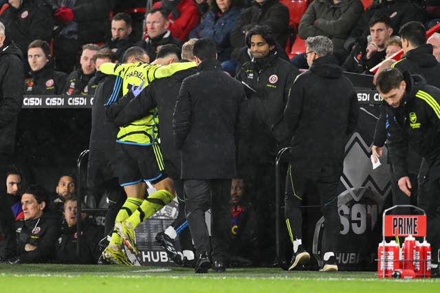 <p>Martinelli hobbled off but has not suffered a serious injury, according to Arteta </p>