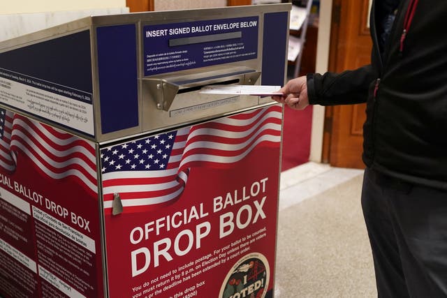 <p>A Super Tuesday ballot box in California </p>